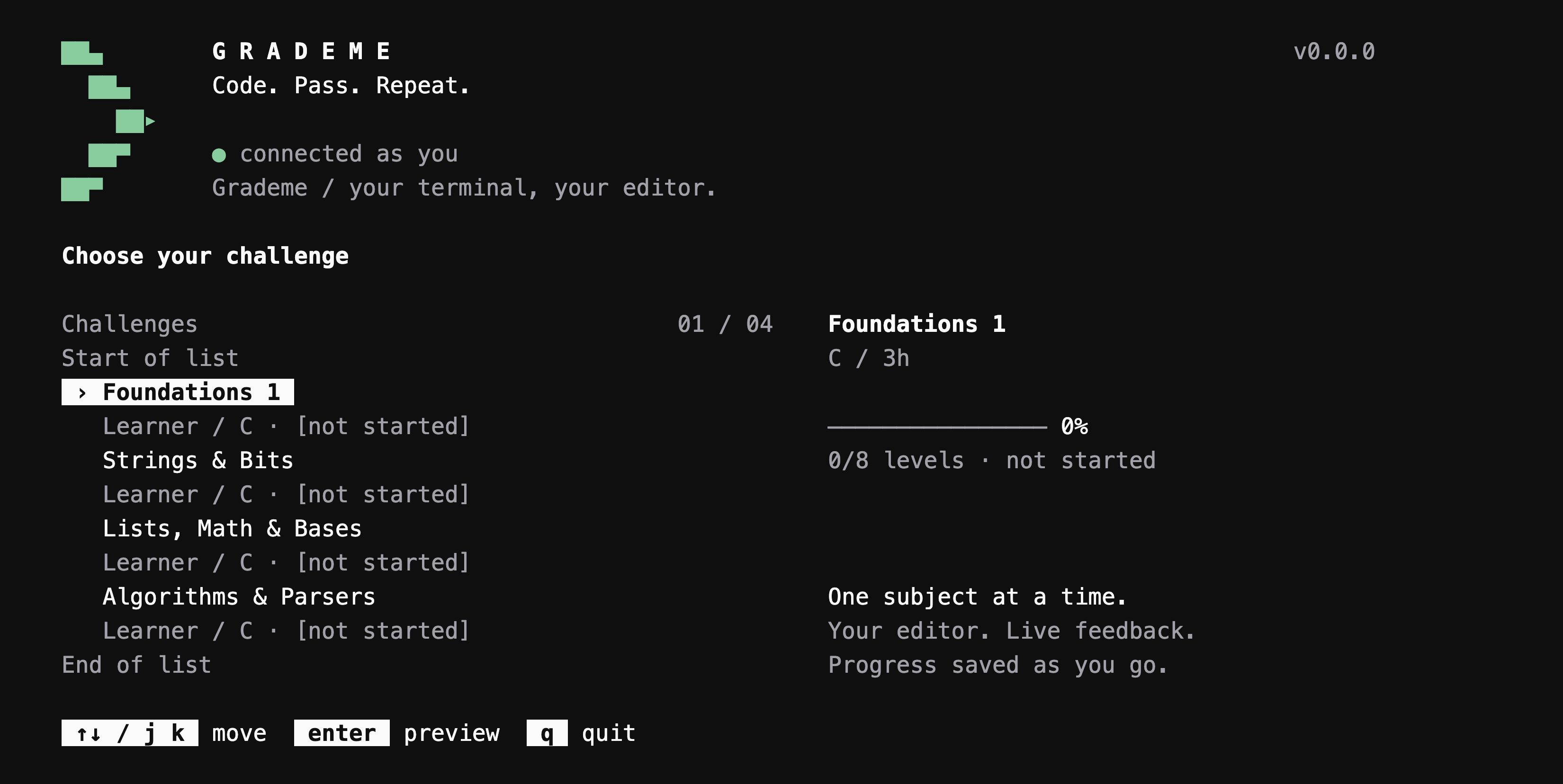 Grademe CLI challenge menu with Foundations 1 selected, its level progress, and keyboard navigation.